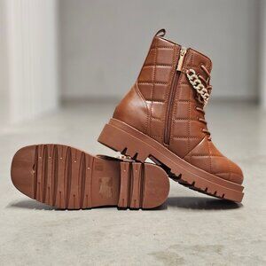 Quilted Faux Leather Lace-Up Combat Boots With Gold Chain Accent - Brown